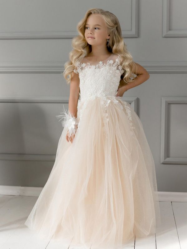 Jolie robe de demoiselle d'honneur en tulle champagne sans manches en dentelle blanche appliques robe de fête d'anniversaire