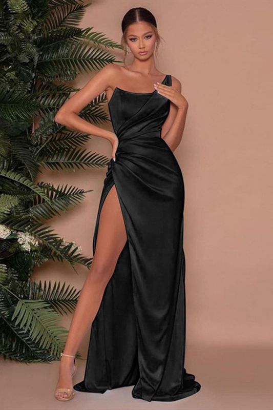 One Shoulder Strap Satin Side Slit Evening Dress Bodycon Ruched Patchwork Sexy Party Dress