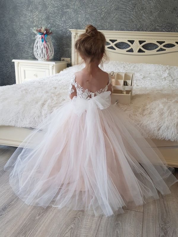 Cute Tulle Lace Little Girl Dress Short Sleeves Bowtie Tutu Birthday Party Dress