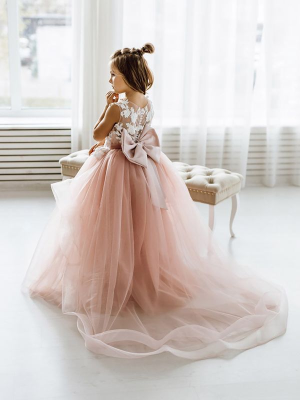 First Communion Dress For Girl White Lace Appliques Dusty Pink Tulle Flower Girl Dresses