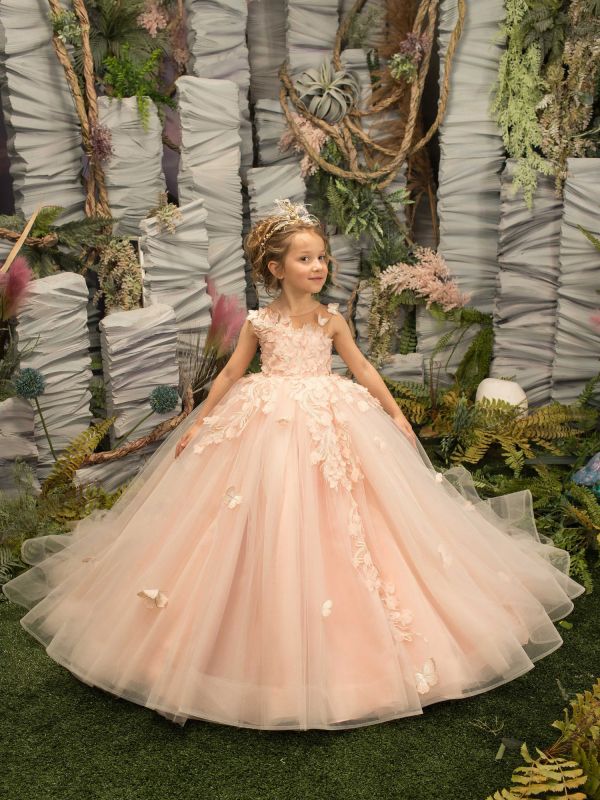 Spitze Tüll Hochzeit Blumenmädchen Kleid Rundhalsausschnitt Prinzessin Erstkommunion Kleid für Mädchen