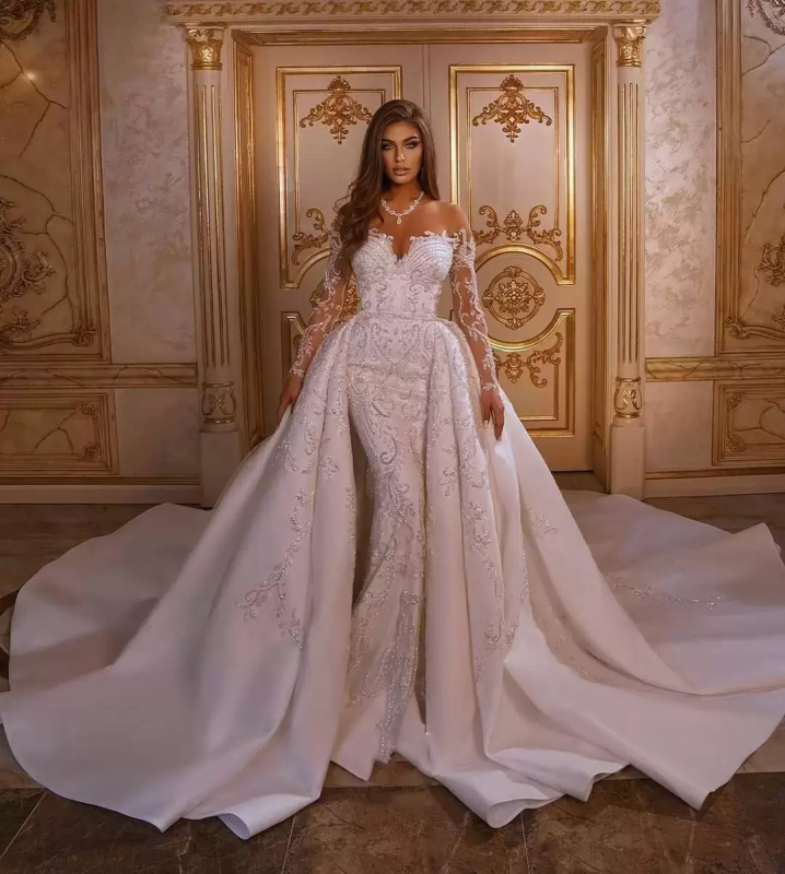 Robe de mariée sirène luxueuse à manches longues en dentelle florale scintillante avec train de balayage amovible