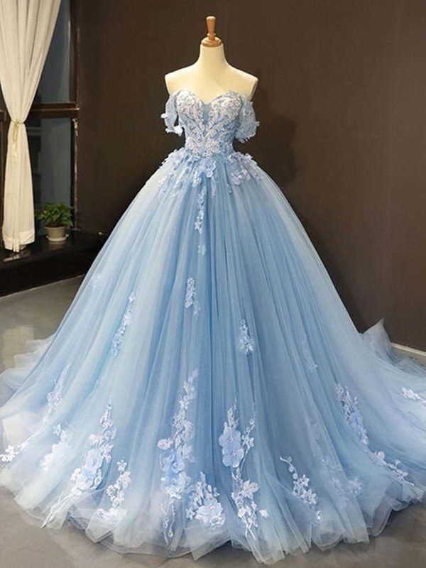 Himmelblaues, schulterfreies Quinceanera-Kleid aus Tüll mit Spitzen-Ballkleid und Blumenmuster