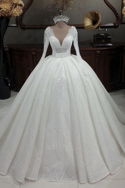 Robes de mariée scintillantes avec manches longues col en V paillettes robe de mariée Aline