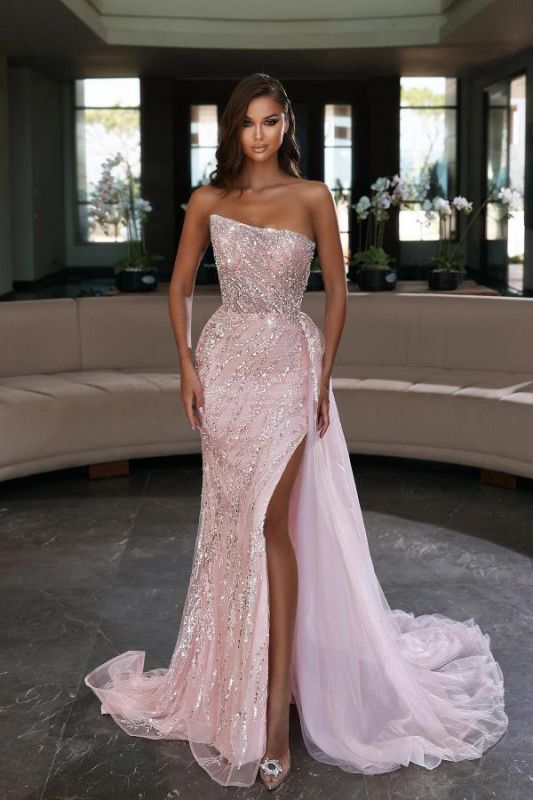 Strapless Glitter Beadings Long Evening Dress Pink Prom Party Dress