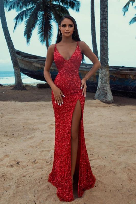 Red Sparkly Sequins Long Prom Dress V-Neck Mermaid Evening Maxi Dress