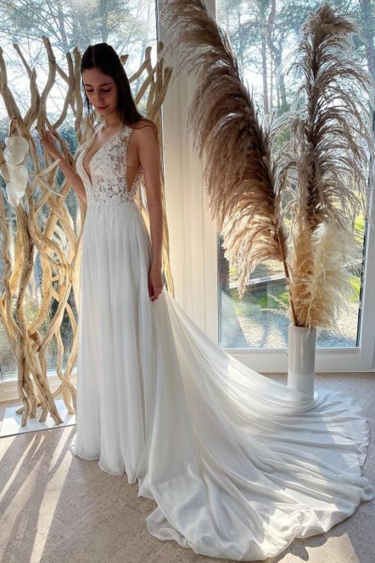 Robe de mariée élégante en dentelle florale à col en V Robe de mariée Aline dos nu