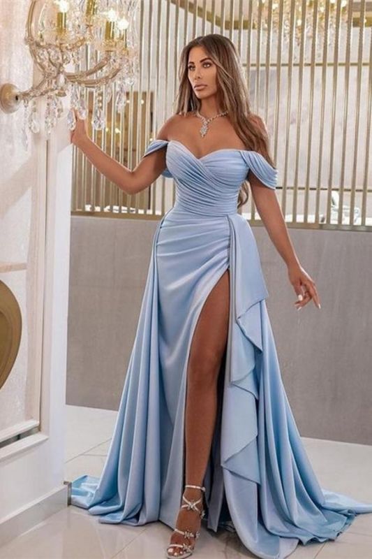 Stunning Off-the-Shoulder Ruched Satin Mermaid Prom Dress with Side Split Sweep Train