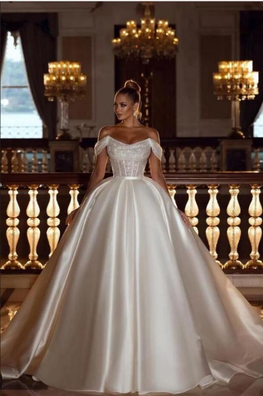 Increíble fuera del hombro Cristales Lentejuelas Vestido de novia Vestidos de novia brillantes