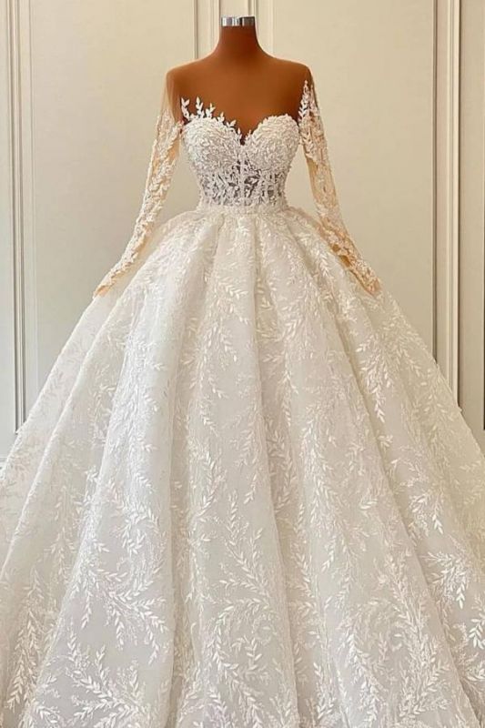 Gorgeous Sweetheart Floral Aline Bridal Gown Long Sleeves Wedding Dress