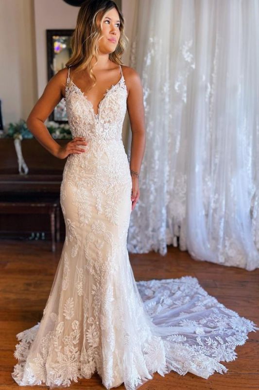 Elegant White Floral Lace Mermaid Wedding Dress V-Neck Bridal Dress