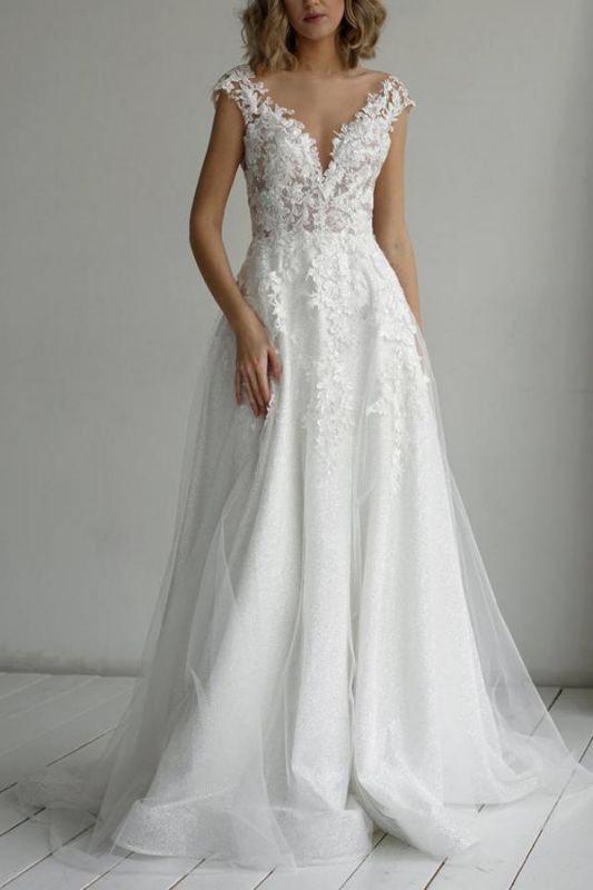 Cap manches blanc dentelle florale robe de mariée tulle aline nuptiale dres