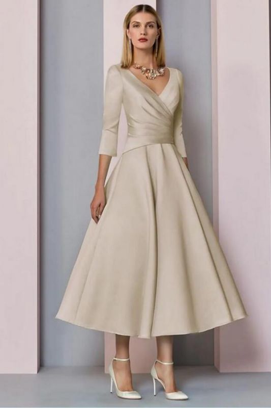 3/4 Sleeves Ruched Satin V-Neck Mother of Bride Dress Wedding Guest Dress