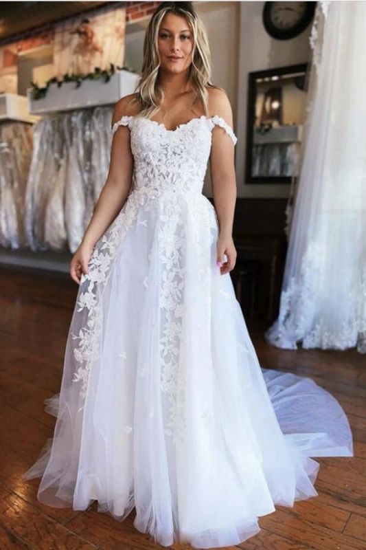 White Tulle Lace Bridal Dress Off-the-Shoulder Aline Simple Wedding Dress
