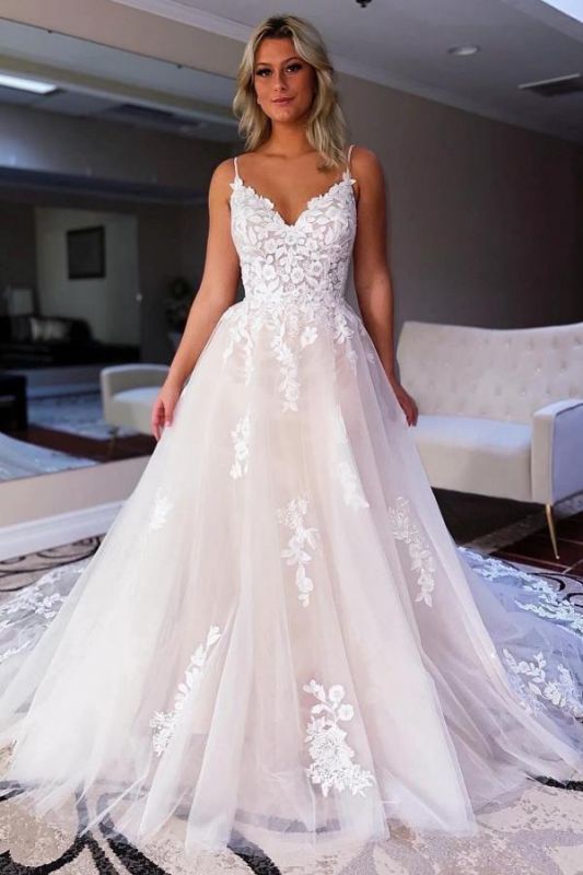 Elegant Sleeveless Tulle Lace Aline Wedding Dress Spaghetti Straps Bridal Dress Long