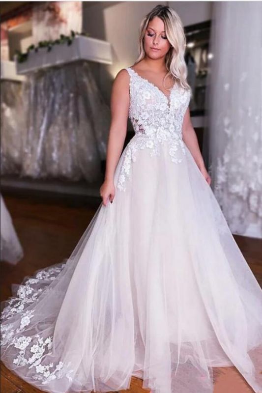 Aline Wedding Dress Sleeveless V-Neck Floral Lace Tulle Bridal Dress for Women