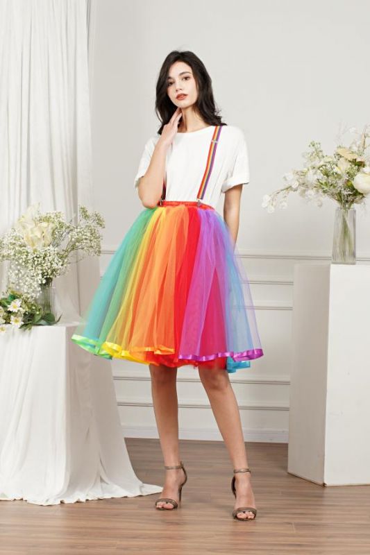 Falda hasta la rodilla de arcoíris Falda de tul en capas Disfraces coloridos para niñas