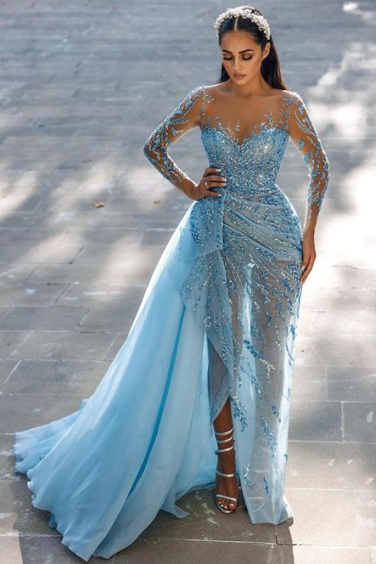 Stunning Sky Blue Glitter Crystals Evening Dress Long Sleeves with Side Sweep Train
