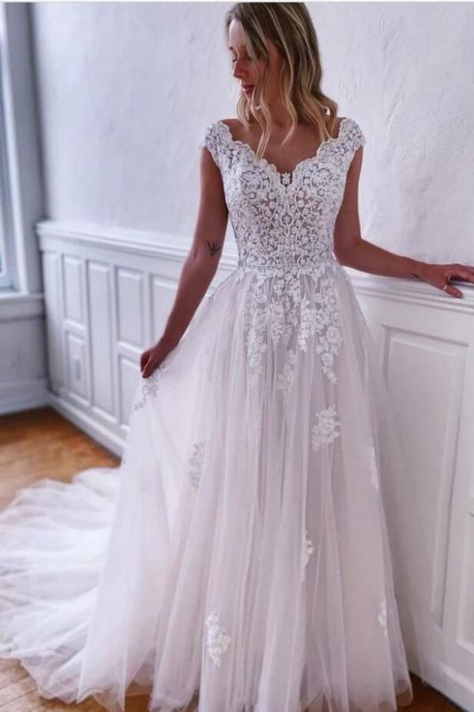 Elegant Floral Lace Aline Wedding Dress Long Cap Sleeves Dress for Bride