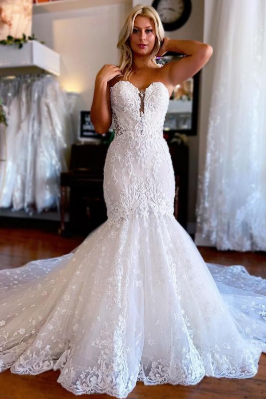 Sleeveless Sweetheart White Mermaid Wedding Gown Tulle Lace Appliques Bridal Dress