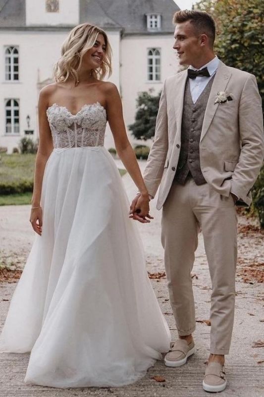 Vestido de novia sencillo de tul sin tirantes con escote corazón Vestido de novia sin mangas para mujer