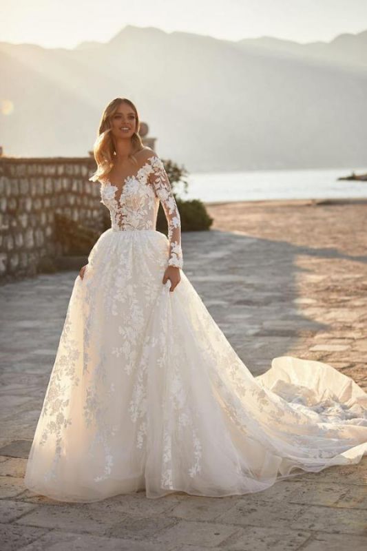 Long Sleeves Aline Wedding Dress Elegant Floral Lace Tulle Bridal Dress