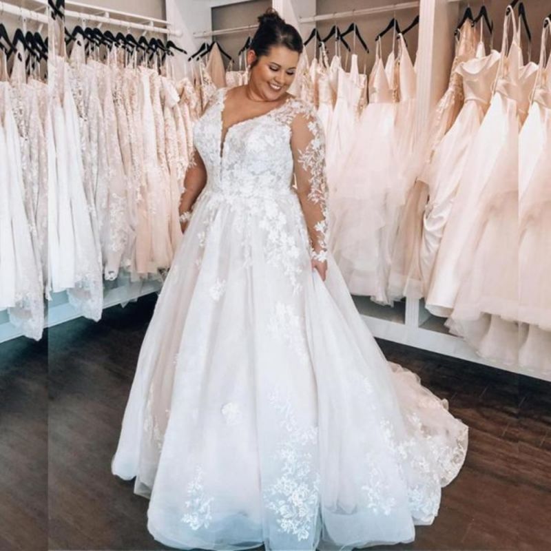 Elegante vestido de novia Aline con mangas de encaje de tul vestido de novia de talla grande