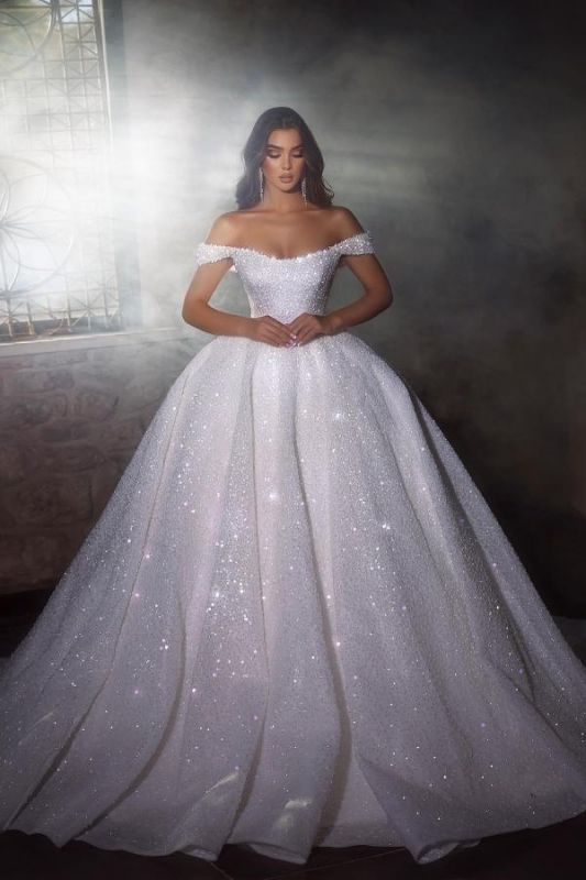 Superbe robe de mariée paillettes scintillantes épaules dénudées robe de mariée robe de bal blanche