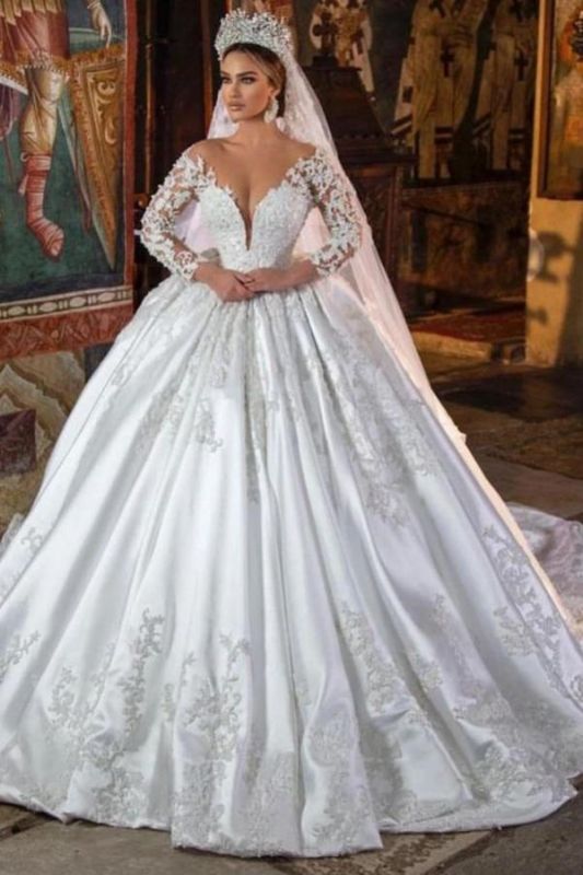 Gorgeous Long Sleeves Bridal Gown V-Neck Floral Lace Satin Wedding Dress Aline