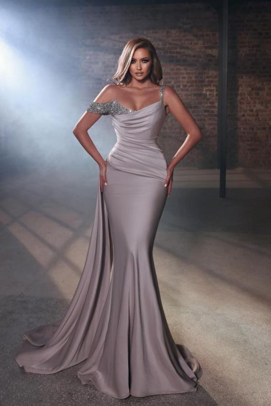 Sexy Asymétrique Paillettes Scintillantes Sirène Robe De Bal Froncé Satin Longue Robe De Soirée