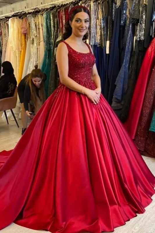 Amazing Red Square Neck Aline Satin Evening Dress Lace Appliques