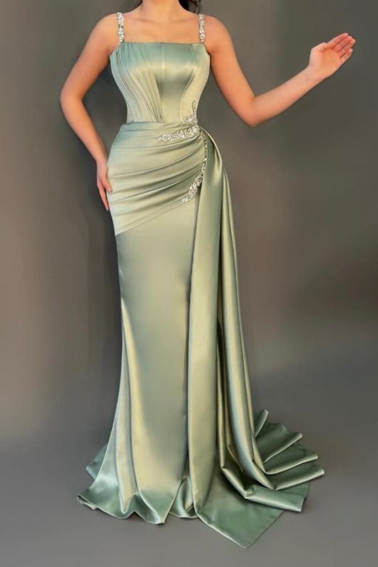 Stunning Sleeveless Ruched Satin Mermaid Prom Dress with Glitter Beadings