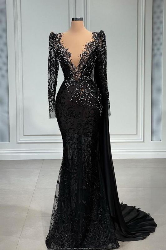 Elegante vestido de noche de sirena Aline negro con escote en V profundo Listones Vestido de fiesta de manga larga