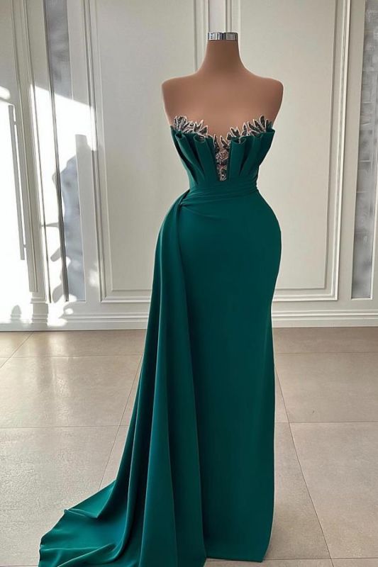 Strapless Ruched Satin Beads Mermaid Prom Dres with Side Sweep train