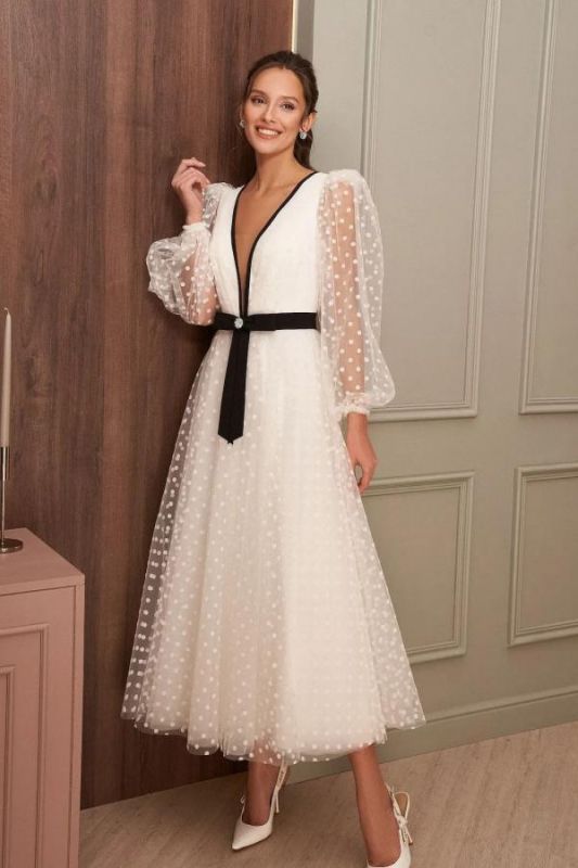 Puffy Sleeves Polka dots Ankle Length Wedding Dress