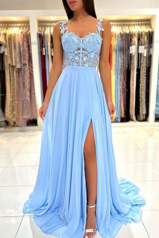 Sky Blue Sweetheart 3D Flower Long Evening Dress with Straps Chiffon Aline Prom Dress