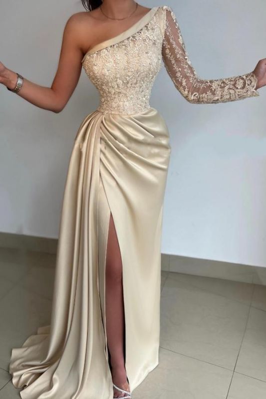 One Shoulder Satin Long Prom Dress Floral Lace Appliques Evening Gown with Side Sweep Train