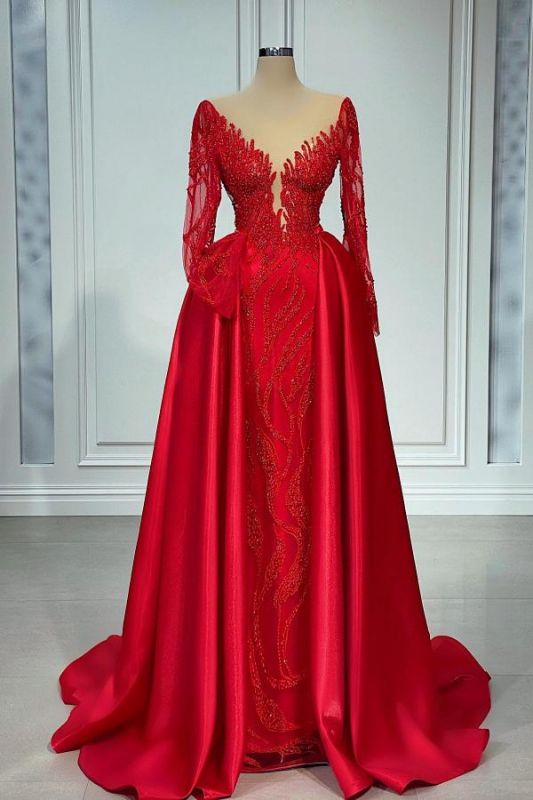 Robe de soirée sirène à manches longues rouge glamour avec perles scintillantes et train en satin