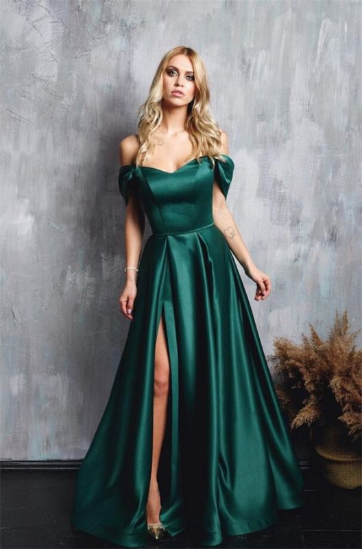 Atemberaubendes schulterfreies dunkelgrünes Satin-Abendkleid Sweetheart Slide Split Long Party Dress