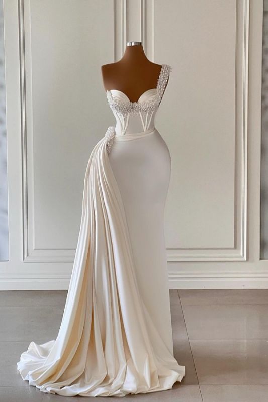 Stunning One Shoulder Sweetheart Satin Long Mermaid Wedding Party Dress Sparkly Crystals Prom Dress