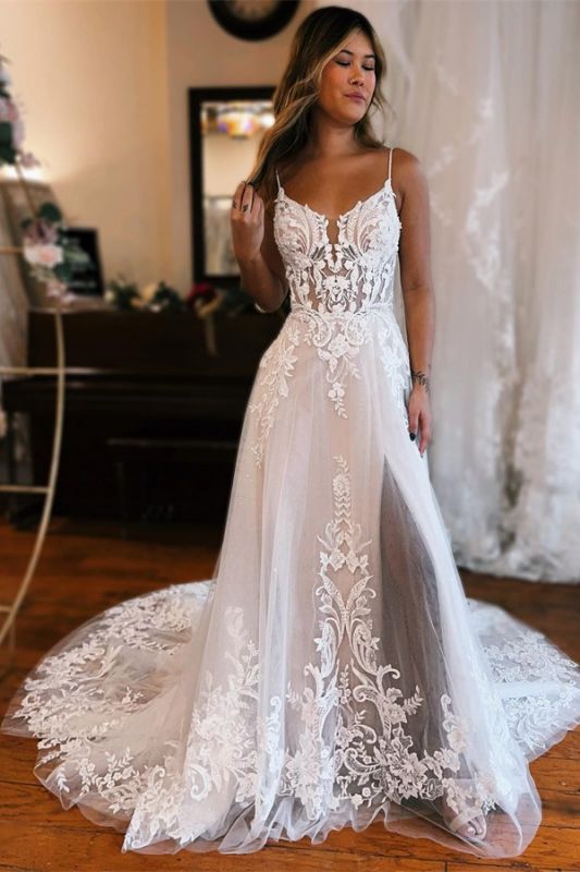 Elegant Floral Lace Appliques Sweetheart White Wedding Dress Tulle