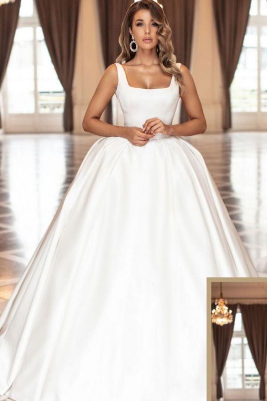 Romantic Square Neck Satin Bridal Gown Sleeveless Backless Aline Wedding Dress