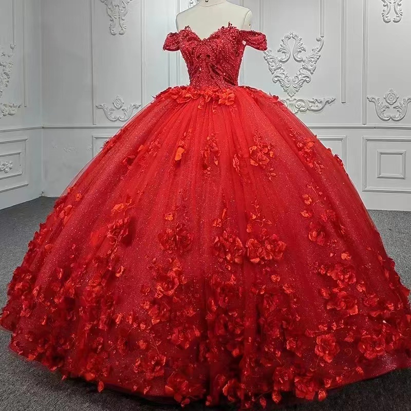 Off-the-Shoulder Red Tulle Ball Gown Quinceanera Dress Glitter Pearls With Flower Appliques