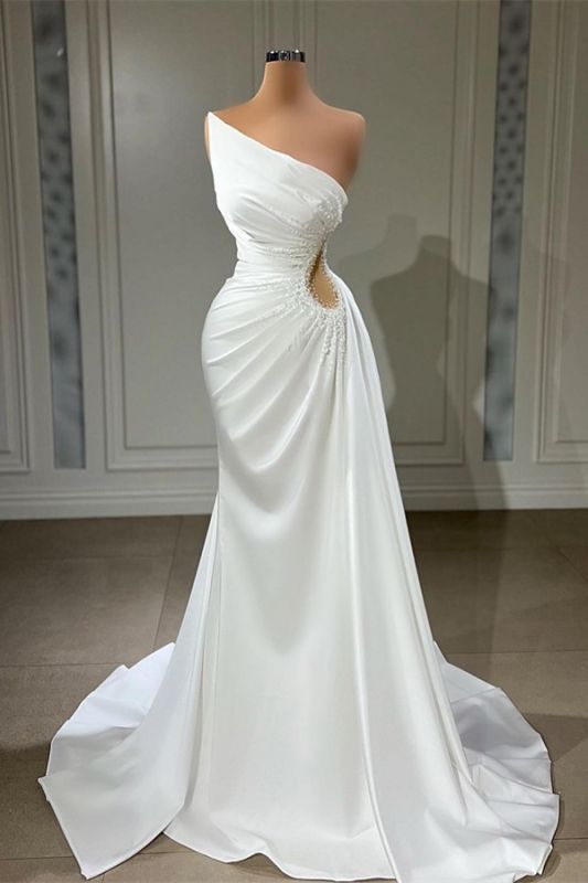 Stunning White One Shoulder Ruched Satin Mermaid Evening Dress
