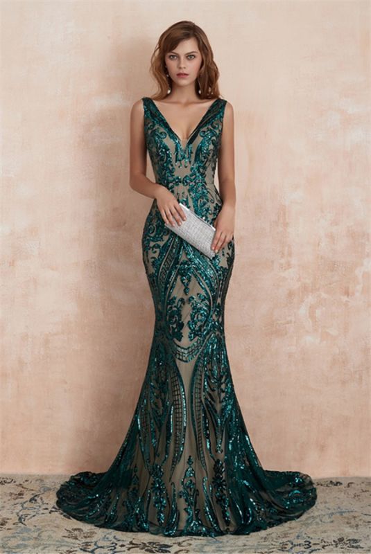 Stunning V-neck Slim Mermaid Prom Dress Sleeveless Glitter Evening Gown