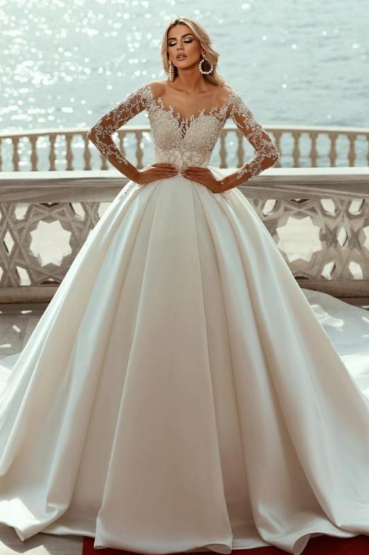 Glamorous Long Sleeves Wedding Dress Crystals Pearls Satin Bridal Gown