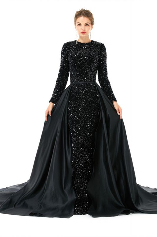 Gorgeous Sparkly Sequins Mermaid Prom Dress Long Sleeves with Detachable Sweep Train