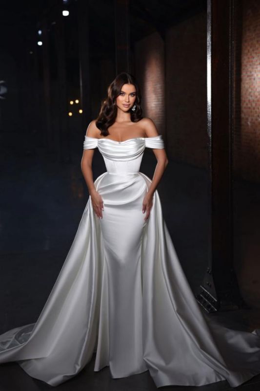 Off-the-Shoulder Mermaid Bridal Gown Ruched Satin Long Wedding Dress with Sweep Train