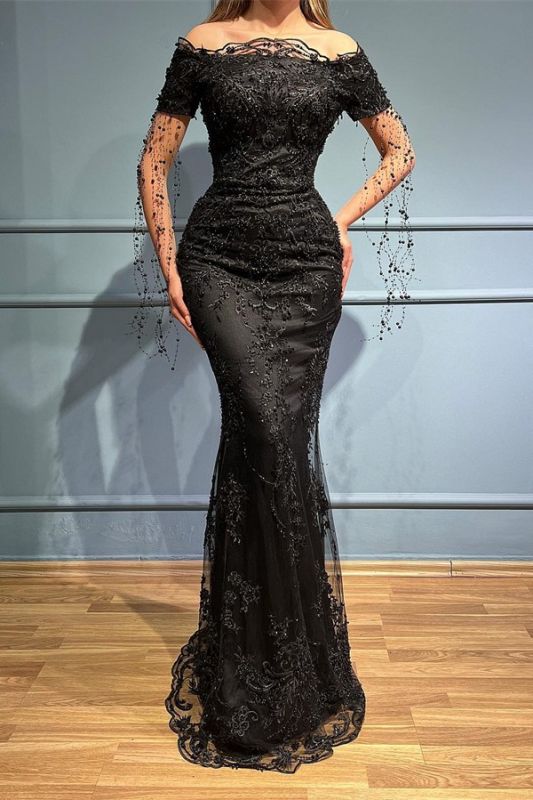 Black Off Shoulder Short sleeves Mermaid Prom Dress Floral Lace Long Evening Dress