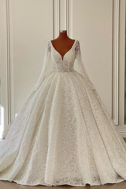 Luxury Long Sleeves Aline Wedding Dress V-Neck Floral Lace Bridal Gown